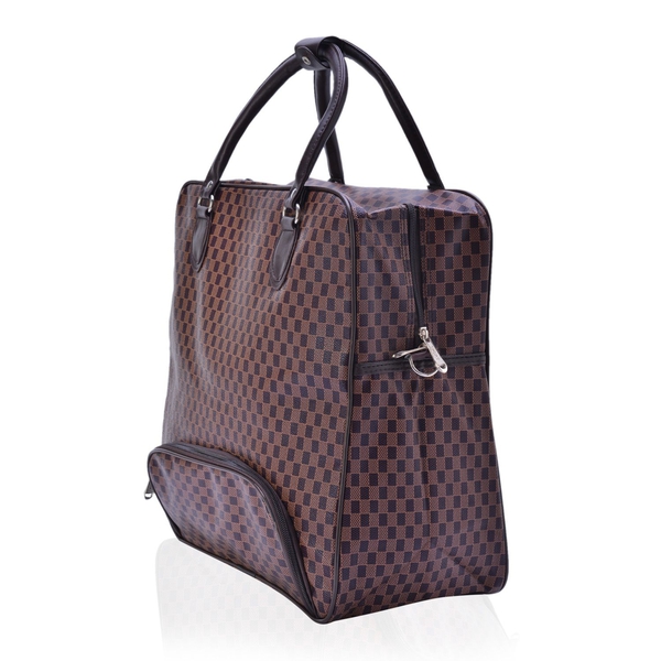 Chocolate Colour Checks Pattern Weekend Bag with External Zipper Pocket (Size 37x36x17 Cm)