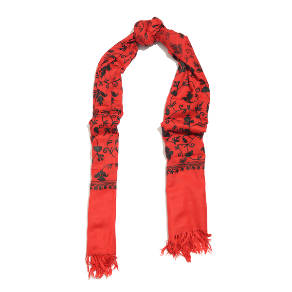 100% Merino Wool Red and Black Colour Paisley and Leaves Embroidered Scarf with Tassels (Size 180X68 Cm)