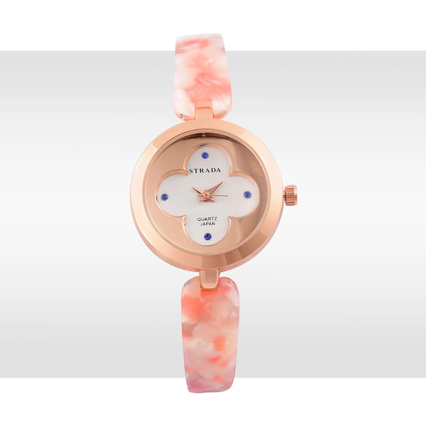 STRADA Japanese Movement Blue Austrian Crystal Studded White Dial Watch in Rose Gold Tone with Stainless Steel Back and Pink Colour Strap