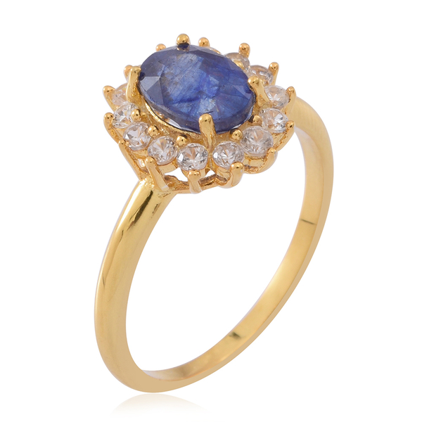 Masoala Sapphire (Ovl 1.80 Ct), Natural Cambodian White Zircon Ring in 14K Gold Overlay Sterling Silver 2.500 Ct.