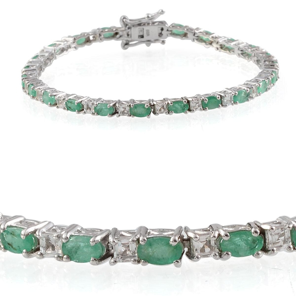 AAA Kagem Zambian Emerald (Ovl), White Topaz Bracelet in Platinum Overlay Sterling Silver (Size 7.5)