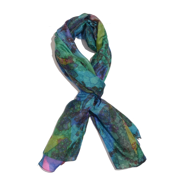 100% Mulberry Silk Blue, Green and Multi Colour Handscreen Floral and Paisley Printed Scarf (Size 18