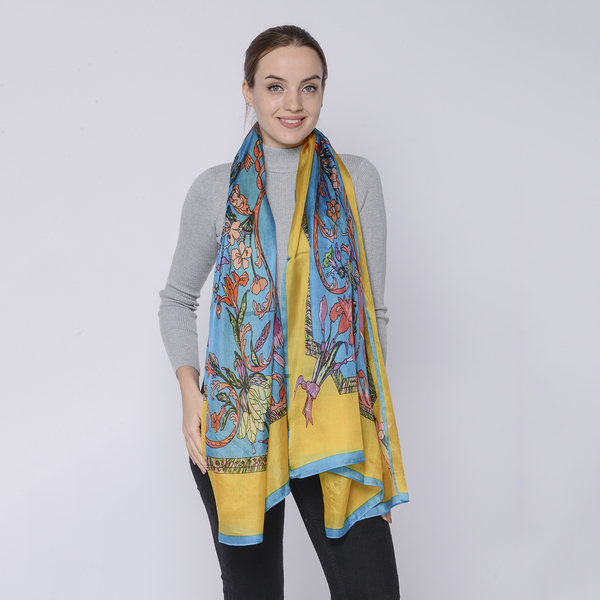 DOD - LA MAREY 100% Mulberry Silk Floral Pattern Womens Scarf (Size:175x110Cm) - Blue and Yellow