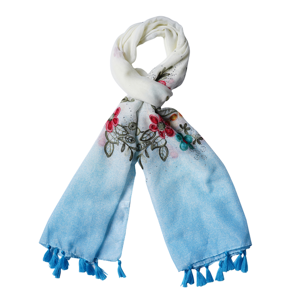 Floral Embroidery Scarf (Size 180x65Cm) - Blue and White