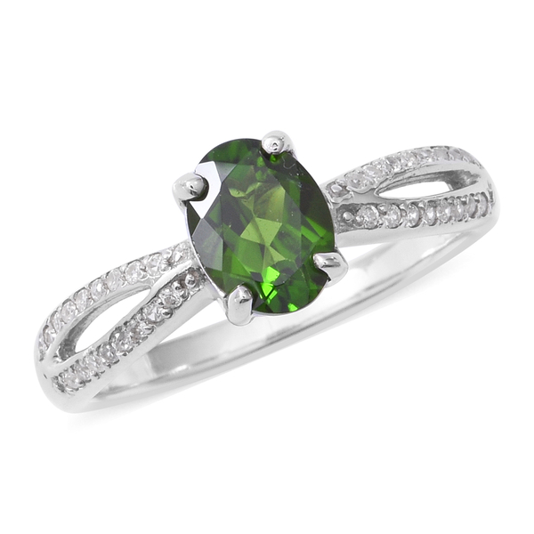 Chrome Diopside (Ovl 1.20 Ct), Natural White Cambodian Zircon Ring in Rhodium Overlay Sterling Silve