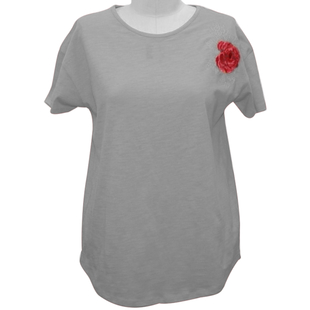 SUGARCRISP 100% Cotton Short Sleeved TShirt with Flower Detail(Size L) - Grey Melange