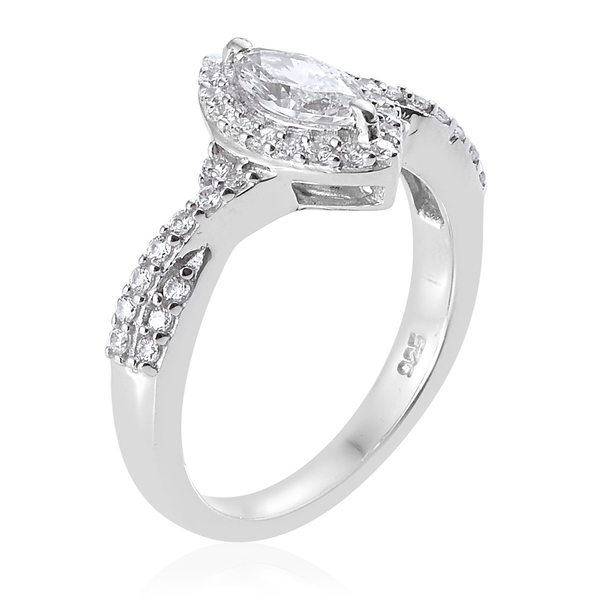 Lustro Stella - Platinum Overlay Sterling Silver (Mrq and Rnd) Cluster Ring Made with Finest CZ