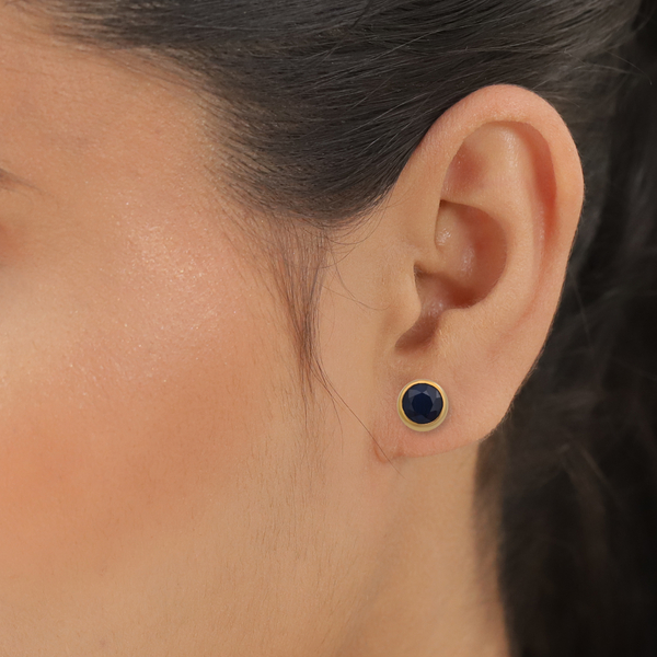 Kanchanaburi Blue Sapphire (Rnd) Stud Earrings (with Push Back) in Yellow Gold Overlay Sterling Silver 3.10 Ct.