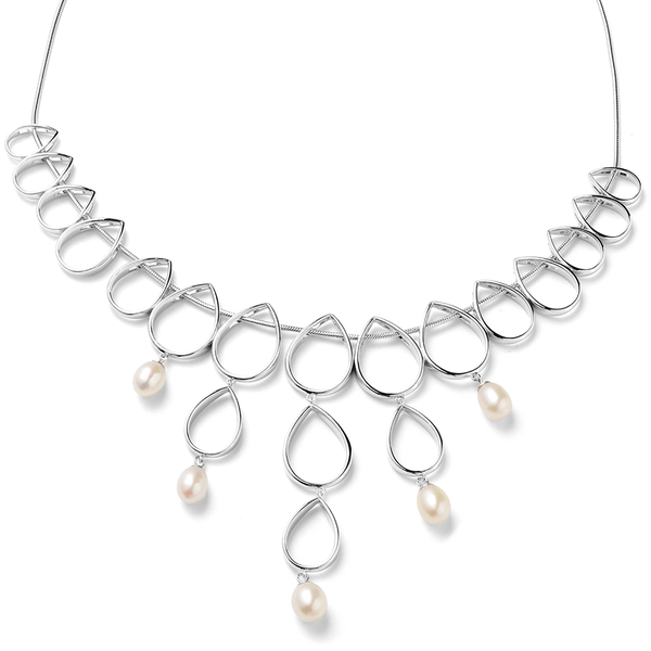 LucyQ Open Tear Drop Collection - Freshwater Pearl Necklace (Size 16/18/20) in Rhodium Overlay Sterl