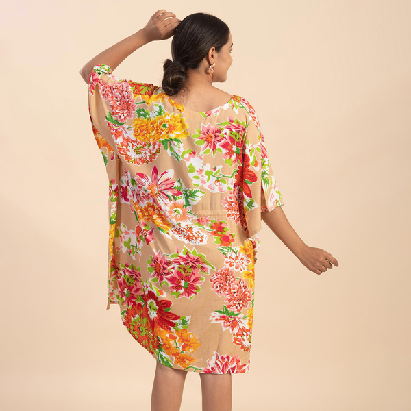 TAMSY 100% Viscose Floral Pattern Kaftan Top with Drawstraing (One Size) - Beige