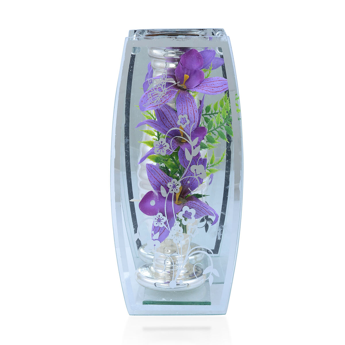 Home Decor -  Aluminum Vase with Purple Colour Artificial Flowers in Floral and Butterfly Print Glas