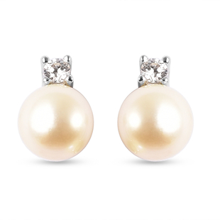 Japanese Akoya Pearl and Natural Cambodian Zircon Stud Earrings (with Push Back) in Rose Gold Overla