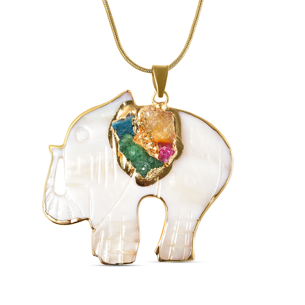 White Shell Pearl and Multi Colour Drusy Quartz Elephant Pendant with Chain (Size 24 with 2 inch Ext