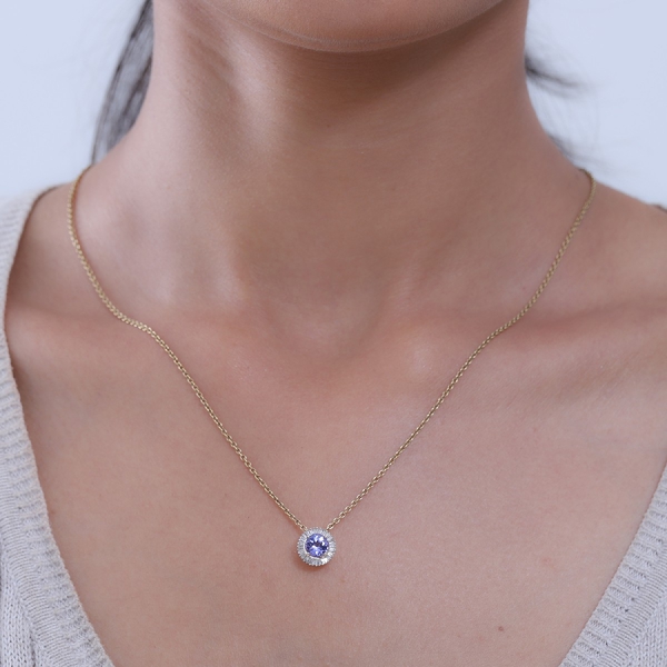 One Time Deal- 9K Yellow Gold Tanzanite (Rnd) and White Diamond Pendant 1.05 Ct.