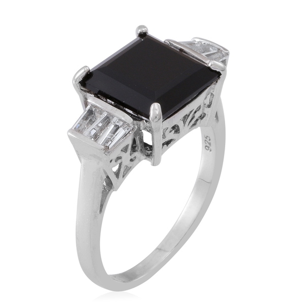 Boi Ploi Black Spinel (Sqr 6.50 Ct), White Topaz Ring in Rhodium Plated Sterling Silver 7.500 Ct.