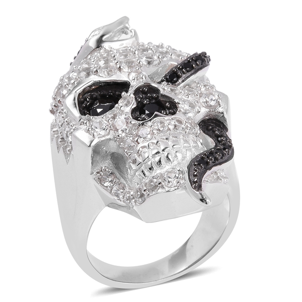 6.05 Ct Boi Ploi Black Spinel and Zircon Skull Ring in Rhodium and Black Plating Silver 18.26 Grams