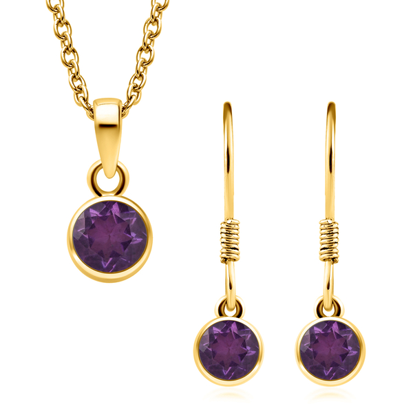 2 Piece Set - Amethyst Hook Earrings and Pendant in 14K Gold Overlay Sterling Silver with Stainless 