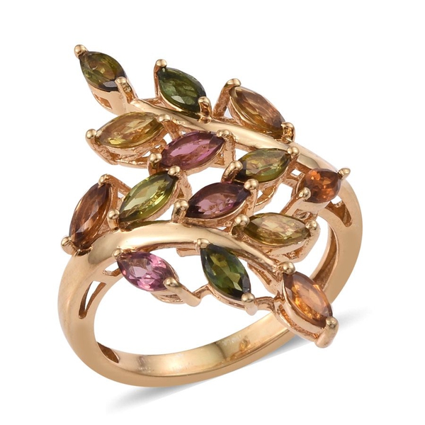 Rainbow Tourmaline (Mrq) Leaves Crossover Ring in 14K Gold Overlay Sterling Silver 1.750 Ct.