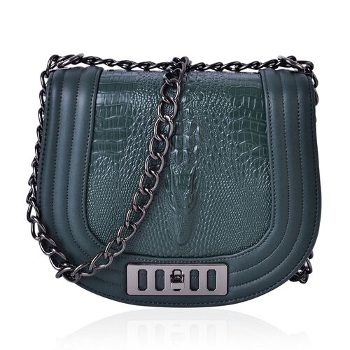 Croc Embossed Dark Green Crossbody Bag with Chain Strap 21.5x17x9Cm - 2649007 - TJC