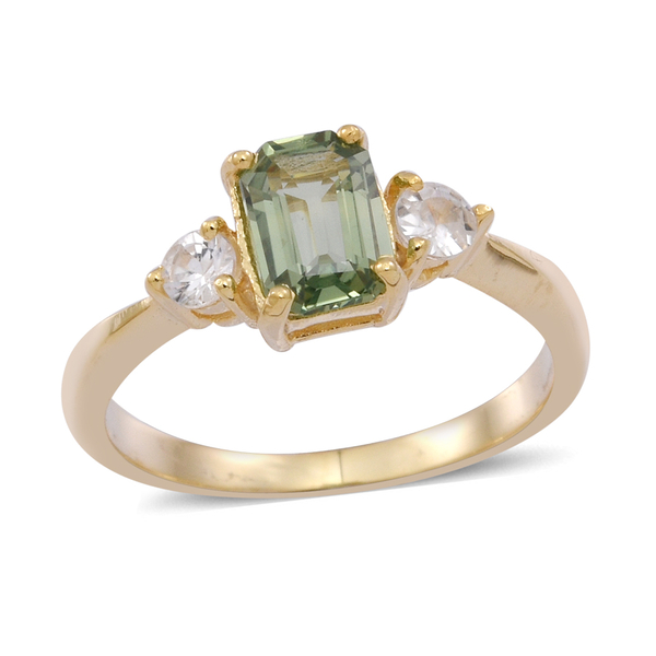 Madagascar Green Sapphire (Oct 1.00 Ct), Natural Cambodian Zircon Ring in 14K Gold Overlay Sterling 