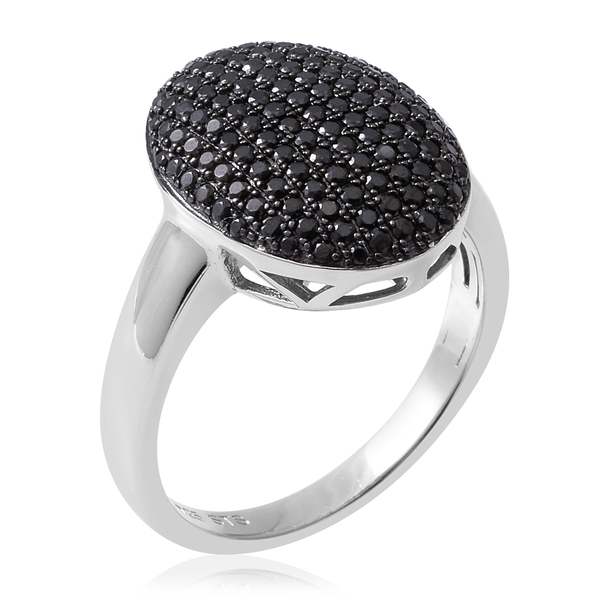 Boi Ploi Black Spinel (Rnd) Cluster Ring in Rhodium Overlay Sterling Silver 1.260 Ct, Number of Gemstone 126