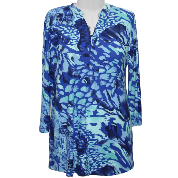 Aura Boutique Supersoft Neck Detail Printed Top in Blue (Size S, 10-12)