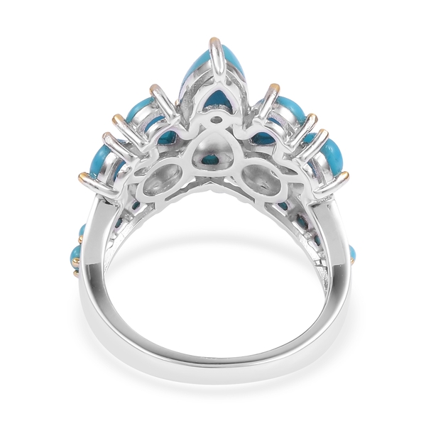 AA Arizona Sleeping Beauty Turquoise (Pear), Natural White Cambodian Zircon Crown Ring in Rhodium and Yellow Gold Overlay Sterling Silver 2.400 Ct.