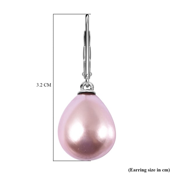 Purple Shell Pearl (Pear 15x12 mm) Lever Back Drop Earrings in Rhodium Overlay Sterling Silver