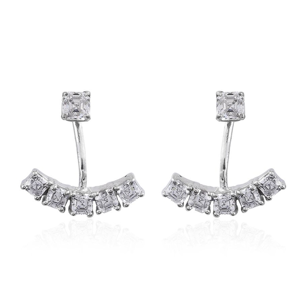 Lustro Stella - Platinum Overlay Sterling Silver (Asscher Cut) Jacket Earrings (with Push Back) Made