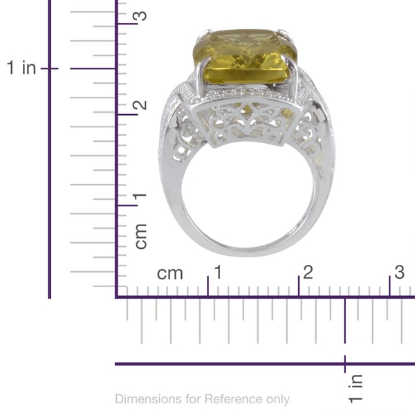 Brazilian Green Gold Quartz (Cush 18.00 Ct), Diamond Ring in Platinum Overlay Sterling Silver 18.030 Ct.