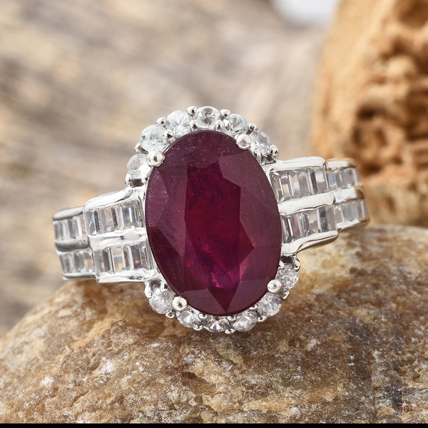 African Ruby (Ovl 8.25 Ct), Natural Cambodian Zircon Ring in Platinum Overlay Sterling Silver Ring 10.250 Ct. Silver wt 5.53 Gms.