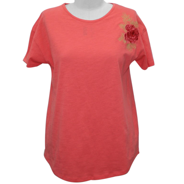 SUGARCRISP 100% Cotton Short Sleeved TShirt with Flower Detail - Hot Coral