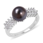 Tahitian Pearl (Rnd), White Topaz Ring (Size S) in Rhodium Overlay Sterling Silver