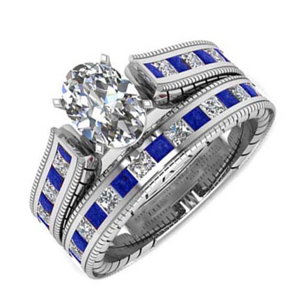 Designer Inspired-AAA Simulated Diamond (Ovl), Simulated Blue Sapphire 2 Ring Set in Silver Plated