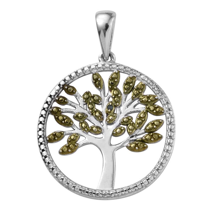 Green Diamond (Rnd) Tree Pendant in Platinum Overlay Sterling Silver