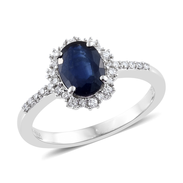 ILIANA 1.75 Ct AAA Kanchanaburi Blue Sapphire and Diamond Halo Ring in 18K White Gold