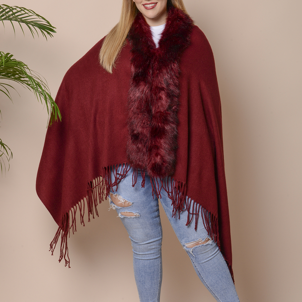 Designer Inspired Faux Fur Trimmed Cape - Wine Red (One Size; 170x77+10cm)