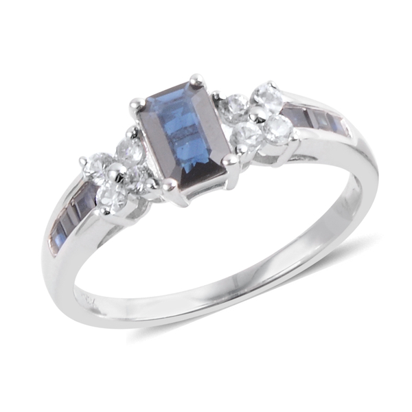 14K W Gold AAA Madagascar Blue Sapphire (Oct 0.50), White Topaz Ring 1.100 Ct.