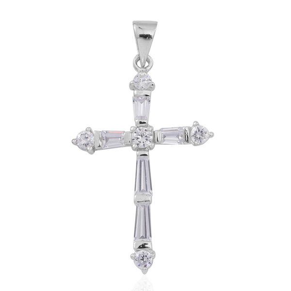(Option 1) ELANZA AAA Simulated Diamond (Rnd) Cross Pendant in Rhodium Plated Sterling Silver