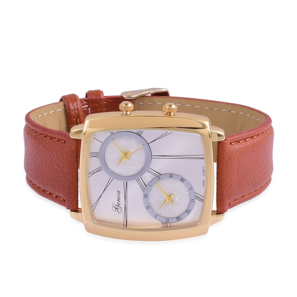 GENOA Japanese Movement Silver Dial Water Resistant Watch in Gold Tone with Stainless Steel Back and Brown Colour Strap