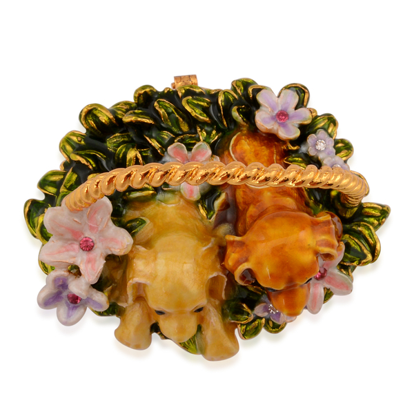 Home Decor - Golden Colour Enameled Purple and Pink Flower, 2 Dogs in the Basket in Gold Tone with Multi Colour Austrian Crystal