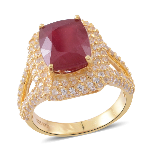 11.25 Ct African Ruby and Zircon Cluster Halo Ring in Gold Plated Silver 5.60 Grams