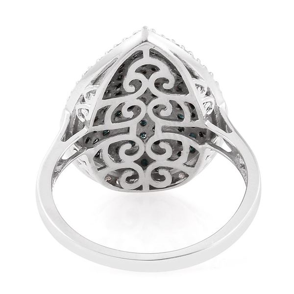 Blue Diamond (Rnd), White Diamond Cluster Ring in Platinum Overlay Sterling Silver 2.000 Ct.
