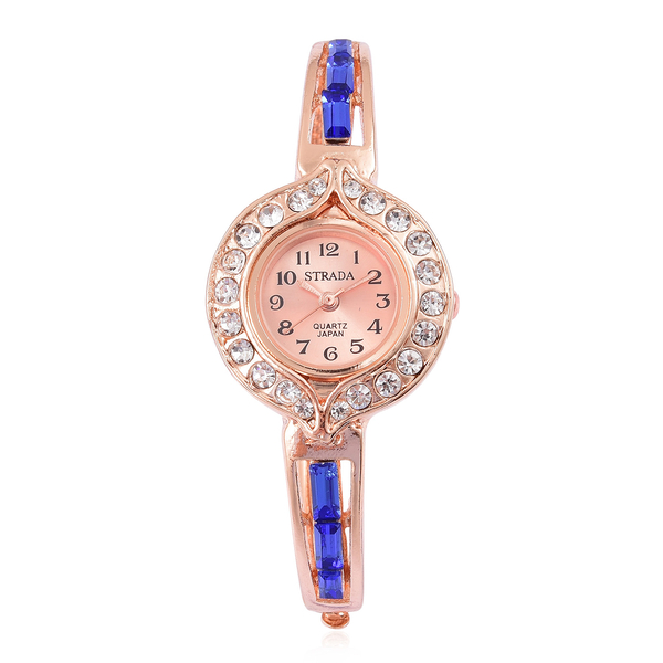 Designer Inspired STRADA Japanese Movement Bangle Watch (Size 7-8) in Rose Gold Tone with White Aust