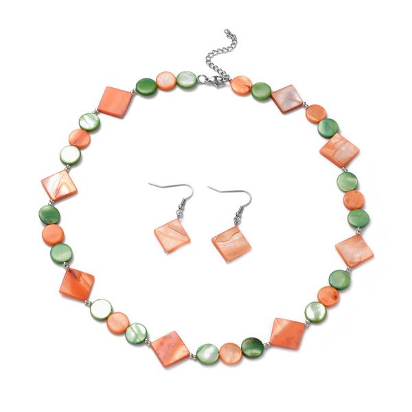 2 Piece Set - Orange and Green Shell Necklace (Size 20 with 2 inch Extender) and Hook Earrings in Si