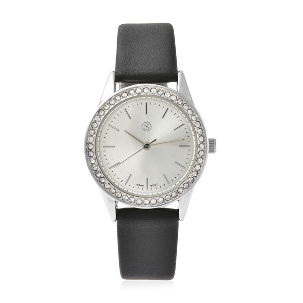 STRADA Japanese Movement Silver Dial Crystal Studded Water Resistant Watch with Black Colour Strap