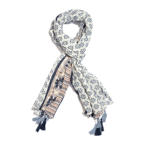 Designer Inspired - 100% Cotton Blue, White and Multi Colour Printed Scarf with Tassels (Size 210x18