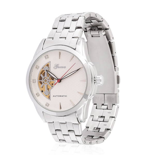 GENOA Automatic Skeleton White Austrian Crystal Studded White Dial Watch in Silver Tone with Stainle