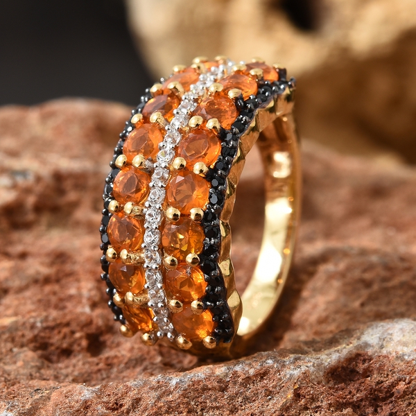 Jalisco Fire Opal (Rnd 1.15 Ct),Bio Ploi Black Spinel, Natural Cambodian Zircon Cluster Ring in 14K Gold Overlay Sterling Silver 1.750  Ct.