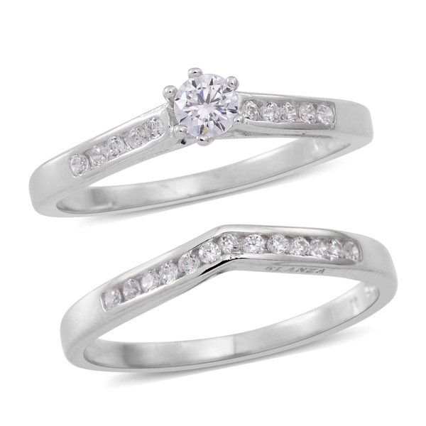 Set of 2 - ELANZA AAA Simulated Diamond (Rnd) Ring in Rhodium Plated Sterling Silver